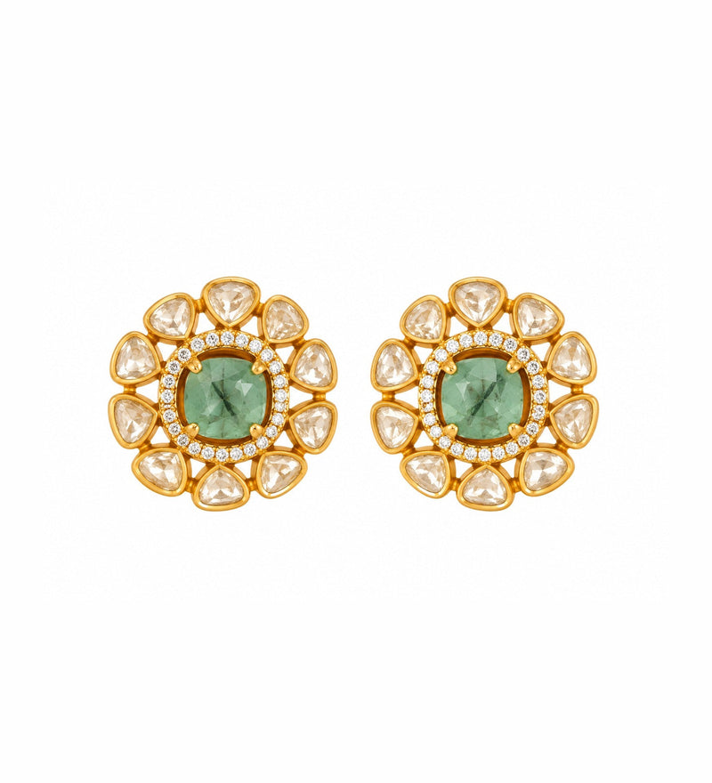 Emerald Floral Kundan Stud Earrings