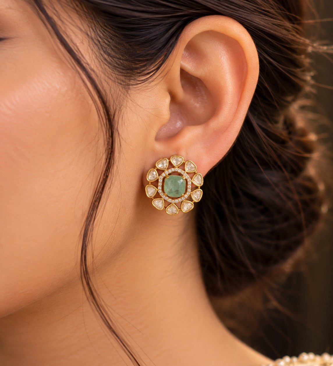 Emerald Floral Kundan Stud Earrings