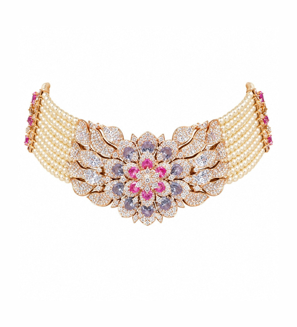 Floral Pearl & Pink Stone Necklace Set