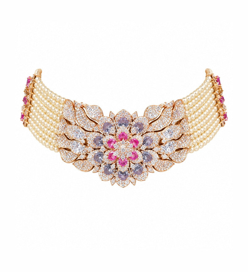 Floral Pearl & Pink Stone Necklace Set