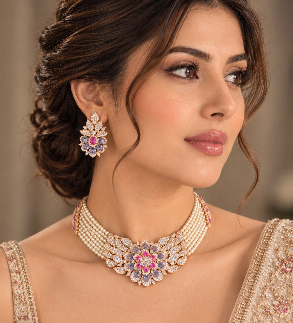 Floral Pearl & Pink Stone Necklace Set