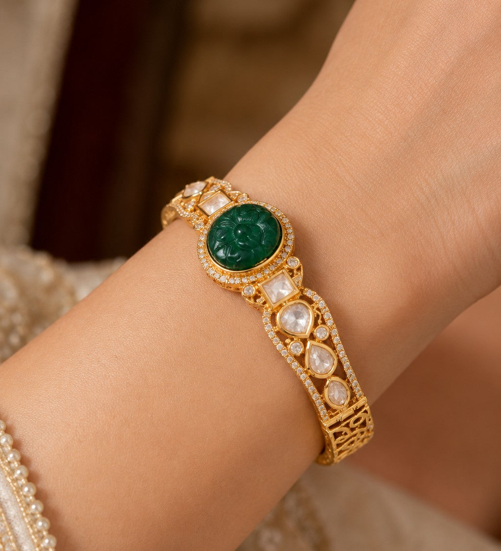 Green Carved Stone Gold-Tone Bracelet