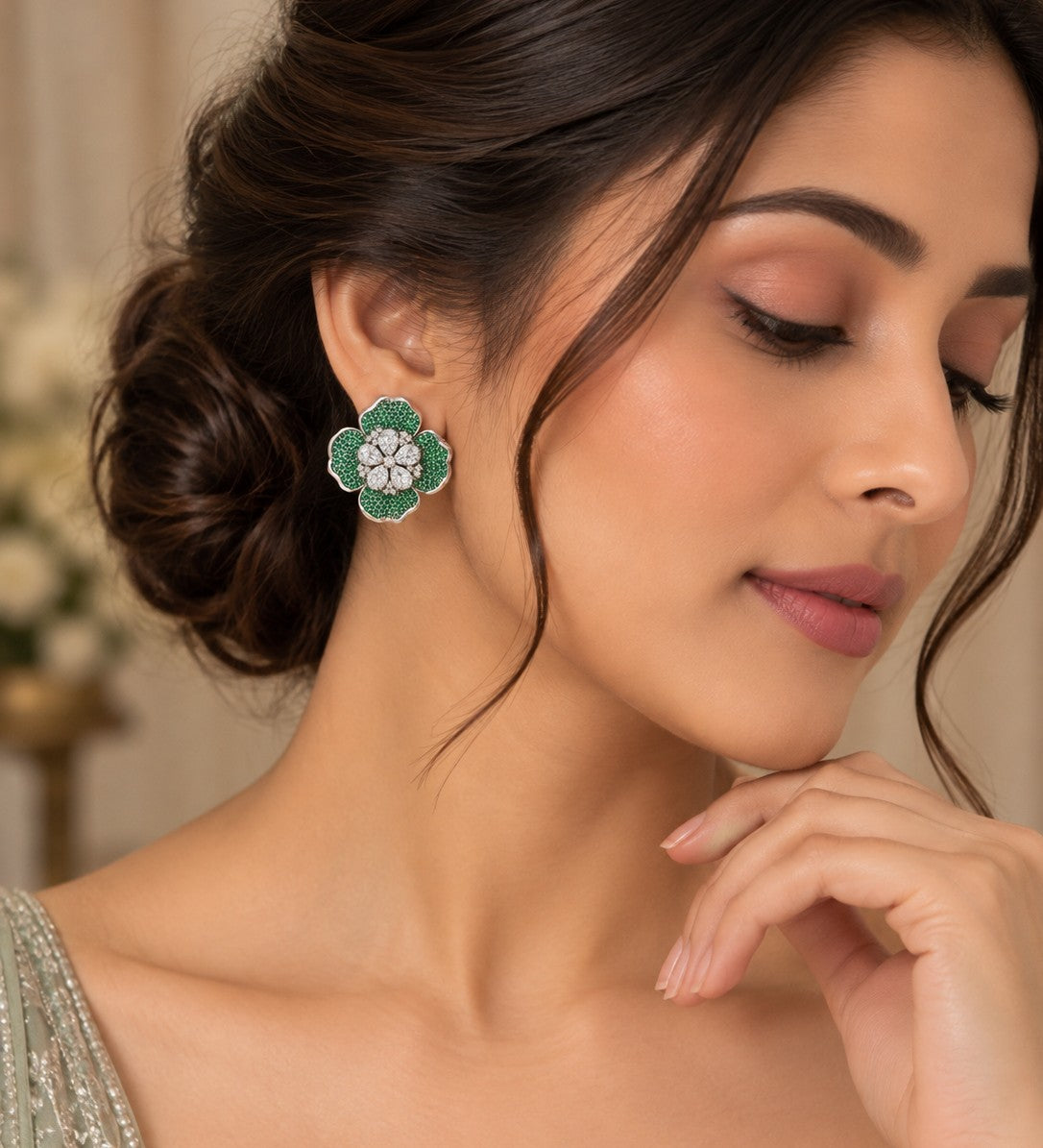 Green Floral Stud Earrings