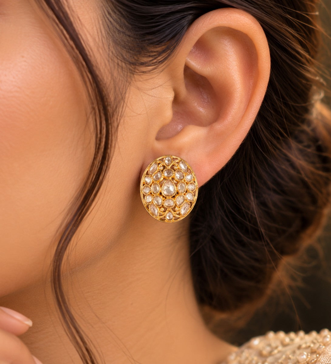 Kundan Oval Floral Stud Earrings