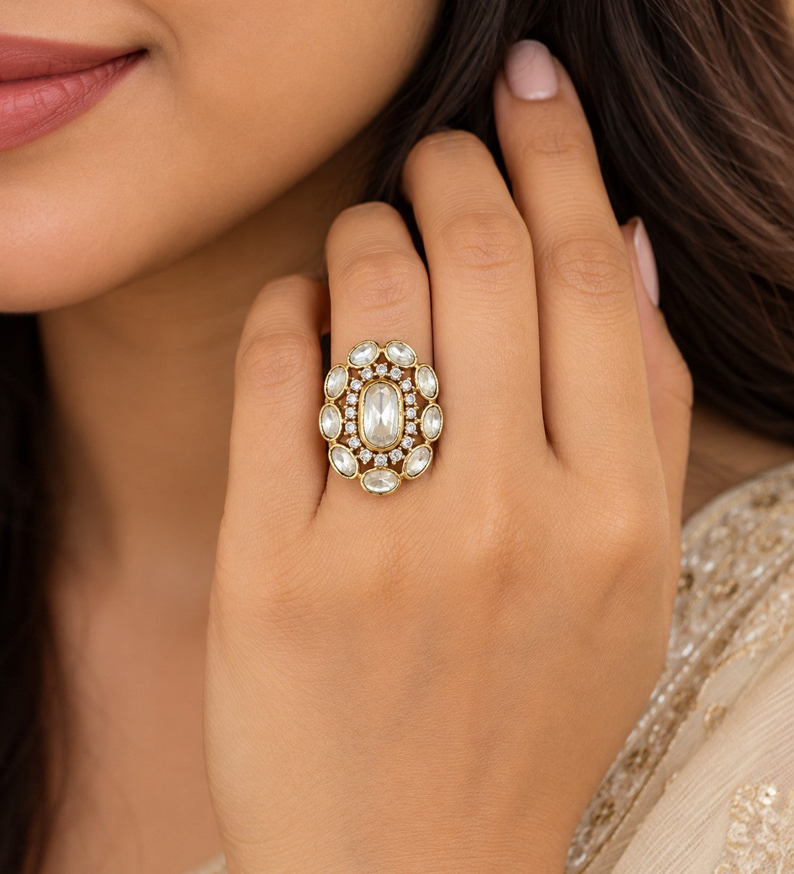 Kundan Oval Halo Statement Ring
