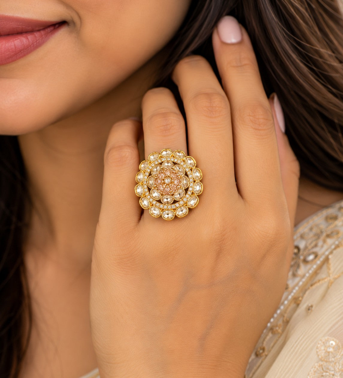 Meenakari-Inspired Kundan Round Statement Ring
