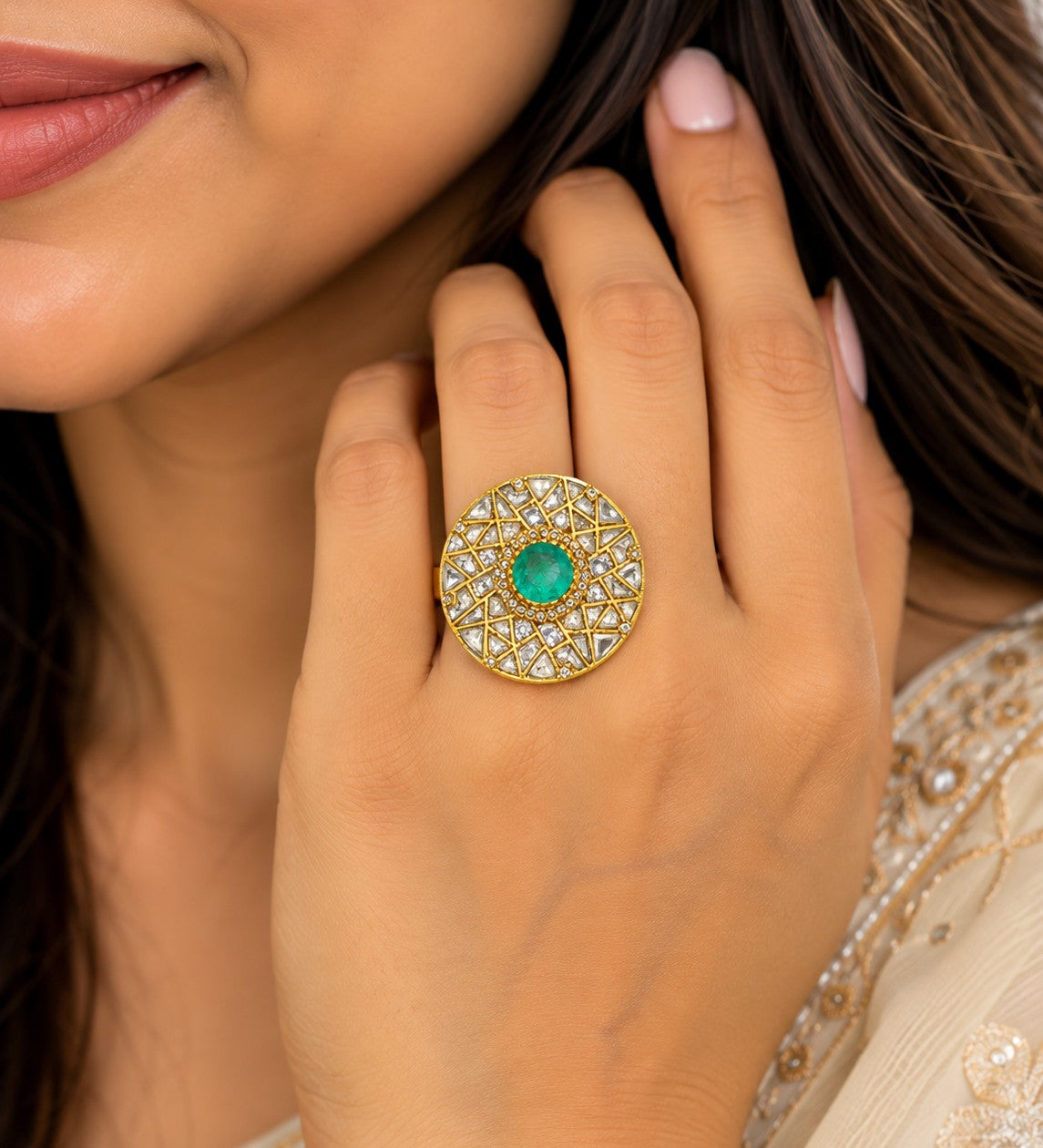 Panna Jaal Kundan Statement Ring