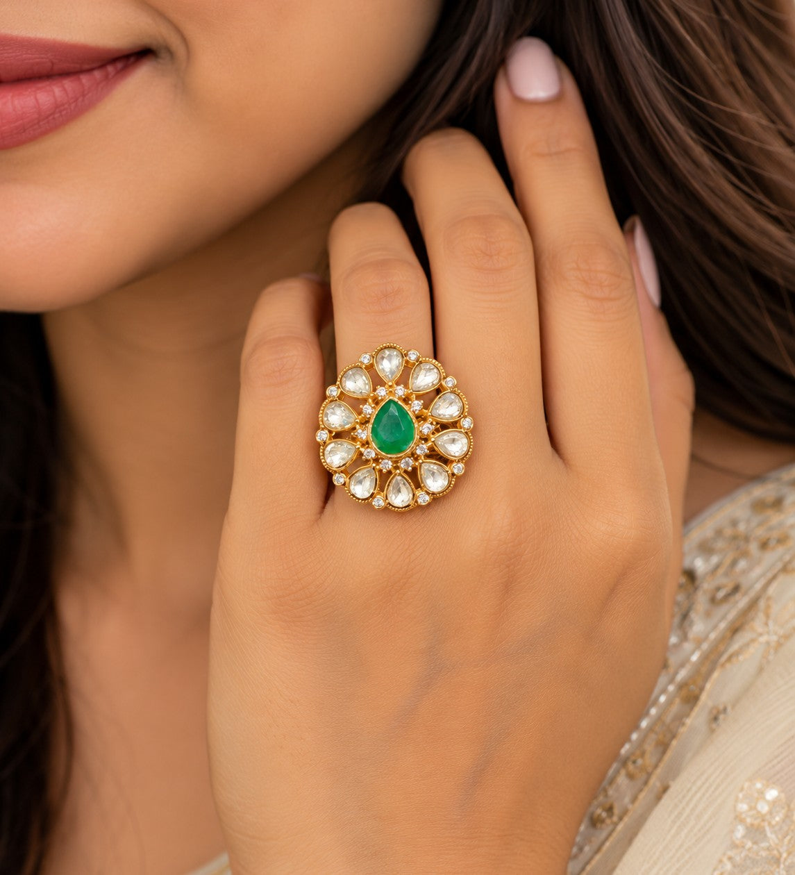 Panna Kundan Floral Statement Ring