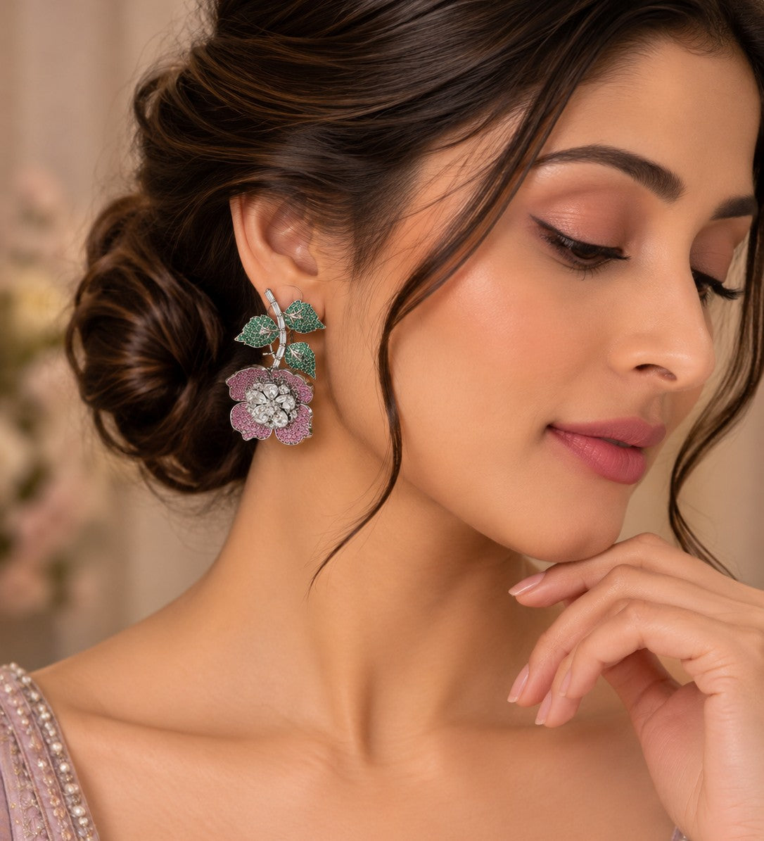 Pink & Green Floral Drop Earrings