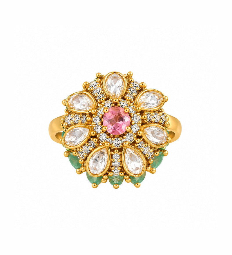 Pink Kundan Floral Statement Ring