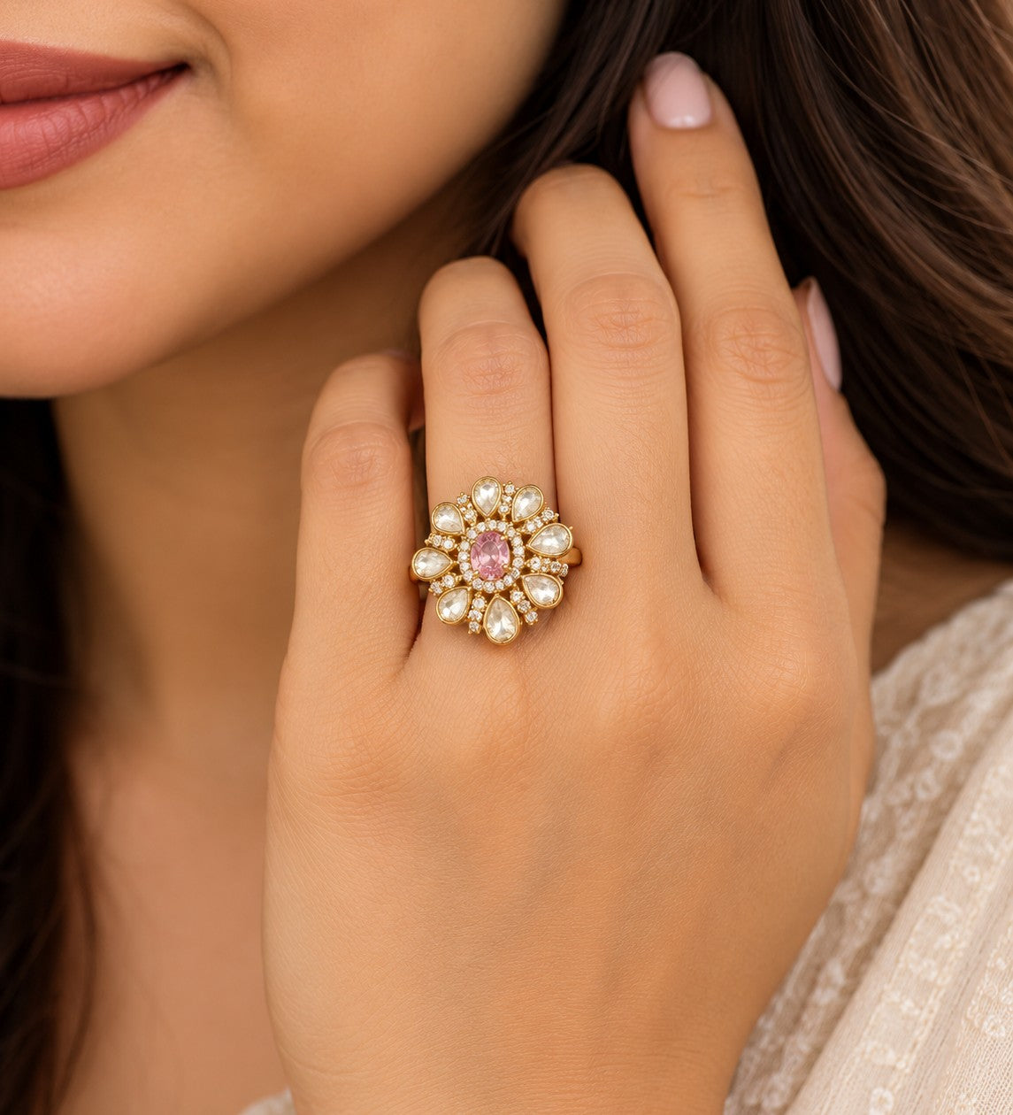 Pink Kundan Floral Statement Ring